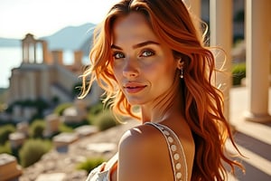 Portrait of Tatyana, a stunning Greek beauty, posing against a warm Mediterranean backdrop with ancient ruins in the distance. Soft golden light illuminates her porcelain skin and fiery locks as she gazes directly at the viewer with piercing green eyes, a subtle smile playing on her lips.