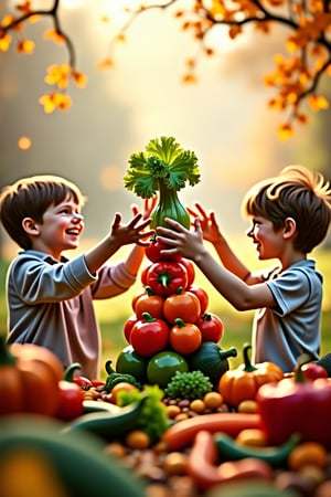 A whimsical scene unfolds: children gather around a vegetable tower they've constructed, amidst the bounty of autumn's harvest. The frame captures their joyful faces and outstretched hands, as they proudly display their edible architecture. Soft, warm light falls from above, highlighting the vibrant colors of the vegetables, while the surrounding landscape fades into a gentle blur.