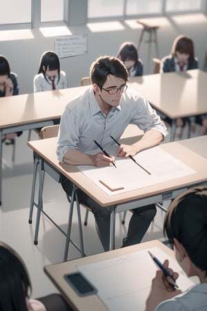 A professor stands in front of a whiteboard, teaching English to students seated around a rectangular table. Soft overhead lighting illuminates the scene, with a slight emphasis on the professor's face as he writes notes with a marker. The camera frames the professor from slightly above, capturing his gestures and facial expressions as he engages with his students.