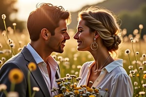 Gina's affectionate gaze is locked onto Victor as he captures her intimate moment through the lens of his camera. Soft, warm lighting wraps around them, illuminating the tender interaction. Gina's hand gently rests on Victor's shoulder, while her other hand cradles a bouquet of freshly picked flowers. The sun-kissed meadow serves as their picturesque backdrop, with wildflowers swaying softly in the breeze.