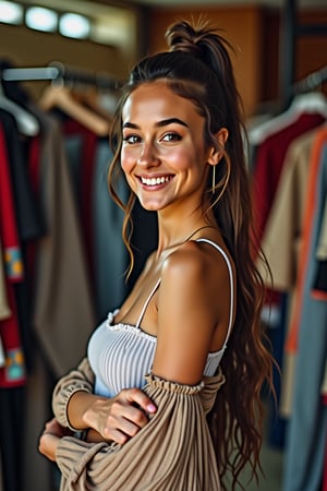 A young woman works as a model in a trendy fashion studio. The camera frames her from the side, showcasing her confident pose and stylish outfit. Soft, natural light illuminates her face, highlighting her bright smile and piercing gaze. The background is a blurred mess of fabrics, textures, and colors, adding to the dynamic atmosphere.