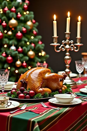 A festive holiday table setup with a red and green striped tablecloth, adorned with a gleaming silver candelabra, vintage ornaments, and a majestic Christmas tree looming in the background. The main course is a sumptuous feast of golden-brown turkey, savory stuffing, and succulent cranberry sauce, surrounded by delicate fine china and sparkling crystal glasses.