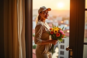 A courier approaches the doorstep of Klavdia's residence, a bouquet of vibrant flowers in hand. Framed by a warm golden light, the scene captures the simplicity and elegance of the delivery. The courier stands with a gentle smile, the bouquet held at a slight angle as if waiting to be received. In the background, a subtle blur of the cityscape hints at the quiet intimacy of the moment.