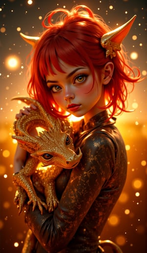 Cute young redhead Irish cyberpunk girl holding her golden baby dragon, fantasy, exquisite detail, 30 - catch light, low - contrast, High - sharpness, depth - of - field, golden - hour, ultra - detailed photography, shiny stars in the sky.