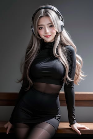 warm light room Beautiful woman with silver long hair against a grey background.over-the-ear headphones Smile,black tights top,Girl