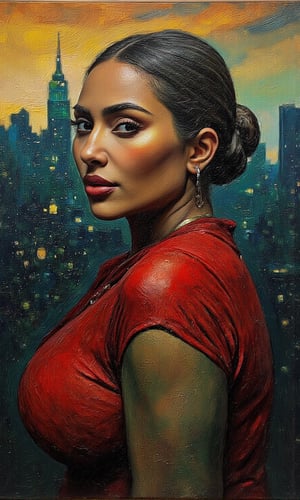 "In an abstract impressionist style, this portrait captures the dynamic, bold impasto brushstrokes with a rich Baroque-inspired color palette. Deep Carmines (for the reds), Ochre Yellows (for warmth), and Prussian Blues (for depth and shadow) dominate the scene, while Olive Greens (for earthy tones) blend with the cityscape setting. The painting is accented with dark Umber for contrast and highlights of bright, luminous Gold. The thick, textured strokes create a dramatic, tactile surface, with intense carmine and gold tones highlighting the figure’s facial features and dress. The background features a cityscape at sunset, where the buildings are rendered in deep, shadowy blues and greens, creating strong contrasts with the lighter, glowing areas illuminated by the setting sun. The overall composition evokes the opulence and drama of the Baroque style, infusing the urban setting with bold contrasts and rich textures. The impasto technique and layered colors add depth and movement, inviting viewers to explore the tension between the tranquil portrait and the intense, expressive color contrasts of the sunset and city backdrop."