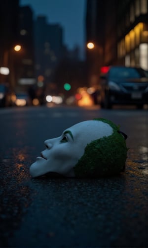 Close up of joker mask lying in the street of Gotham city. Night, rain, fire, mahym. 