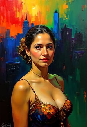 "In an abstract impressionist style, this portrait captures the dynamic, bold impasto brushstrokes with a rich Baroque-inspired color palette. Deep Carmines (for the reds), Ochre Yellows (for warmth), and Prussian Blues (for depth and shadow) dominate the scene, while Olive Greens (for earthy tones) blend with the cityscape setting. The painting is accented with dark Umber for contrast and highlights of bright, luminous Gold. The thick, textured strokes create a dramatic, tactile surface, with intense carmine and gold tones highlighting the figure’s facial features and dress. The background features a cityscape at sunset, where the buildings are rendered in deep, shadowy blues and greens, creating strong contrasts with the lighter, glowing areas illuminated by the setting sun. The overall composition evokes the opulence and drama of the Baroque style, infusing the urban setting with bold contrasts and rich textures. The impasto technique and layered colors add depth and movement, inviting viewers to explore the tension between the tranquil portrait and the intense, expressive color contrasts of the sunset and city backdrop."