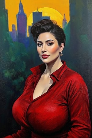 "In an abstract impressionist style, this portrait captures the dynamic, bold impasto brushstrokes with a rich Baroque-inspired color palette. Deep Carmines (for the reds), Ochre Yellows (for warmth), and Prussian Blues (for depth and shadow) dominate the scene, while Olive Greens (for earthy tones) blend with the cityscape setting. The painting is accented with dark Umber for contrast and highlights of bright, luminous Gold. The thick, textured strokes create a dramatic, tactile surface, with intense carmine and gold tones highlighting the figure’s facial features and dress. The background features a cityscape at sunset, where the buildings are rendered in deep, shadowy blues and greens, creating strong contrasts with the lighter, glowing areas illuminated by the setting sun. The overall composition evokes the opulence and drama of the Baroque style, infusing the urban setting with bold contrasts and rich textures. The impasto technique and layered colors add depth and movement, inviting viewers to explore the tension between the tranquil portrait and the intense, expressive color contrasts of the sunset and city backdrop."