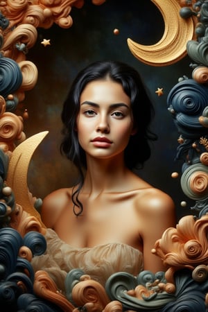 A mystical siren with tousled locks and mesmerizing gaze emerges from an ornate, dreamlike backdrop reminiscent of Hayv Kahraman's whimsical style. She stands amidst swirling patterns of flowers, stars, and crescent moons, her flowing garments billowing like wisps of smoke. Soft, golden light dances across her features, as if the very essence of the mystical realm is infusing her with an otherworldly beauty.