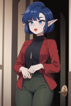 1 woman  with royal blue short  hair and a blue gray skin hands  face. His eyes black and red lips  brown  jacket  a black shirt, and a  olive  green pants elf