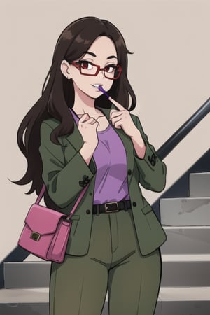  woman with long brown hair, a purple shirt, grass green jacket and olive green pants. She is standing in front of a set of gray stairs. She has a brown purse on her left hand, and she is wearing a pair of purple and pink glasses on her face. Her lips are painted red, her mouth is slightly open, and her teeth are painted,  