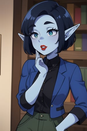 1 woman elf  with royal blue very short  hair and a ligt blue  skin hands  face. His and eyes black  and red lips  brown  jacket  a black shirt, and a  olive  green pants 