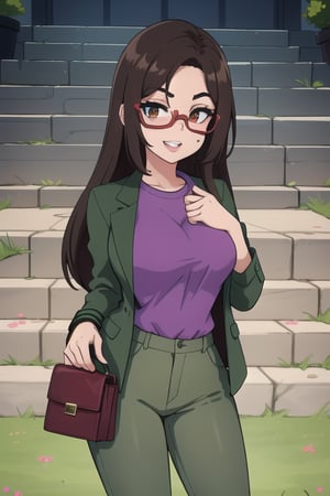  woman with long brown hair, a purple shirt, grass green jacket and olive green pants. She is standing in front of a set of gray stairs. She has a brown purse on her left hand, and she is wearing a pair of purple and pink glasses on her face. Her lips are painted red, her mouth is slightly open, and her teeth are painted,  