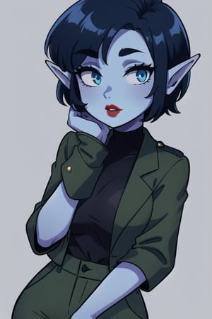 1 woman elf  with royal blue very short  hair and a ligt blue  skin hands  face. His and eyes black  and red lips  brown  jacket  a black shirt, and a  olive  green pants 