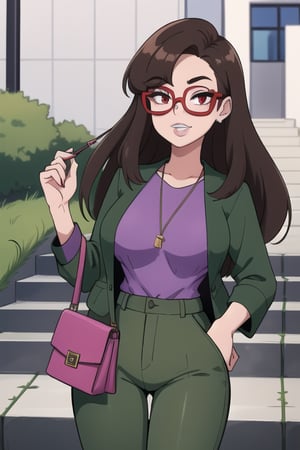  woman with long brown hair, a purple shirt, grass green jacket and olive green pants. She is standing in front of a set of gray stairs. She has a brown purse on her left hand, and she is wearing a pair of purple and pink glasses on her face. Her lips are painted red, her mouth is slightly open, and her teeth are painted,  