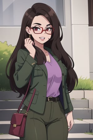  woman with long brown hair, a purple shirt, grass green jacket and olive green pants. She is standing in front of a set of gray stairs. She has a brown purse on her left hand, and she is wearing a pair of purple and pink glasses on her face. Her lips are painted red, her mouth is slightly open, and her teeth are painted,  