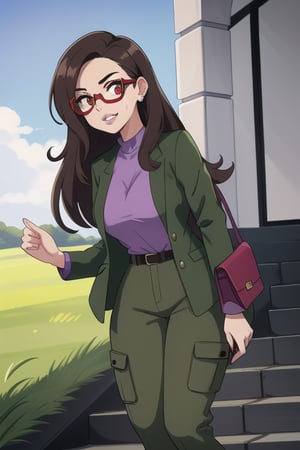  woman with long brown hair, a purple shirt, grass green jacket and olive green pants. She is standing in front of a set of gray stairs. She has a brown purse on her left hand, and she is wearing a pair of purple and pink glasses on her face. Her lips are painted red, her mouth is slightly open, and her teeth are painted,  