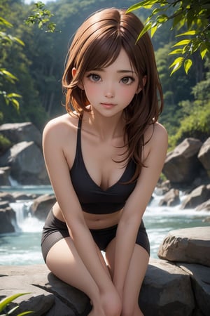 Reddish brown hair that is just above chest area, round teary eyes, leaning forward, showing more skin, visible armpit, near the side of falls sitting on a big rock with moon visible in the background and there are bamboo trees nearby.