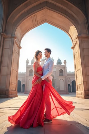 A indian couple stands poised in front of a majestic historical monument, the woman's vibrant red dress flowing elegantly in the gentle breeze. The grand arches of the building serve as a stunning backdrop, their intricate details highlighted by the bright, clear blue sky. The scene captures a perfect blend of romance and history, with the sunlight casting a warm glow, enhancing the timeless beauty of the moment. A subtle vignette frames the couple, drawing the eye to their graceful presence amidst the architectural grandeur.