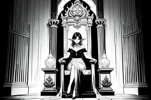 fae female in sheer top in throne room, black and white