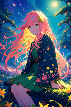 (masterpiece), best quality, high resolution, extremely detailed, detailed background, dynamic lighting,1 girl, teen female, fashionable outfit, pink hair, long flowing hair, realistic, adventurer, detailed face, green colored eyes, magic, sitting in flower field, beautiful scene, windy, wooden bridge, dusk, firefies lighting up the sky, moonlit