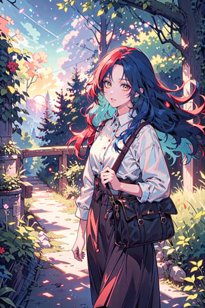 (masterpiece), best quality, high resolution, extremely detailed, detailed background, dynamic lighting, realistic, photorealistic,1 girl, realistic, long hair, alchemist, sunset, collecting herbs, cute hairstyle, vibrant colorful hair (black red blue colored hair), windy, forest, magical forest, walking the forest, forest bridge of branches, satchel bag,