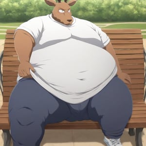 very rotund, round, very fat, very obese Louis The Red Deer_(Beastars),brown fur, sitting on a wooden bench in a park, trying to grab newspaper from the ground, wears a white t-shirt, black sweatpants with white stripes, white_sneakers, with a angry facial expression. The scene is framed mid-shot, with soft, warm lighting highlighting his massive form, megachubsdxl,