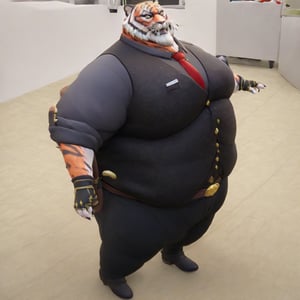  very rotund, very round, very obese Oscar the Tiger, walking in a old office room while eating a pizza,  wearing a black Vest, Black Collared Shirt, Red Tie, Black Pants, Gun Belt, Black Shoes, Fingerless Gloves, with a shocked facial expression. The scene is framed mid-shot, with soft, warm lighting highlighting his massive form, megachubsdxl,