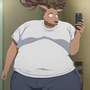 very rotund, round, very fat, very obese Louis The Red Deer_(Beastars),brown fur, looking at his phone in a modern office room, wears a white t-shirt, black sweatpants with white stripes, full white sneakers, with a shocked facial expression. The scene is framed mid-shot, with soft, warm lighting highlighting his massive form, megachubsdxl,