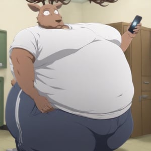 very rotund, round, very fat, very obese Louis The Red Deer_(Beastars),brown fur, looking at his phone while walking around in a modern office room, wears a white t-shirt, black sweatpants with white stripes, full white sneakers, with a shocked facial expression. The scene is framed mid-shot, with soft, warm lighting highlighting his massive form, megachubsdxl,