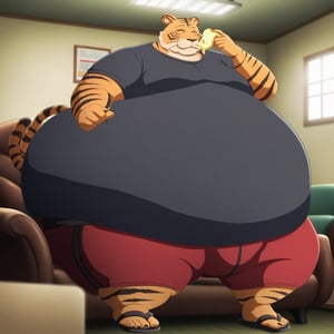 very rotund, round, very fat, very obese  Bill The Bengal Tiger from beastars, with a tail, eating pizza on a couch in a apartment, wearing a black t-shirt. red boxer shorts, black sandals, black wrist straps, with a pyscho facial expression. The scene is framed mid-shot, with soft, warm lighting highlighting his massive form