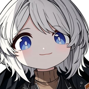 dutch angle, close_up, score_9, source_anime, 1girl, white hair, blue eyes, light smile, , brown turtleneck sweater, black vest, black jacket,, white background, simple background, ba_chibi,mostima (arknights),FaustLimbus,short hair