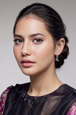 A detailed portrait of a young woman exuding elegance and natural grace. She has a voluminous updo hairstyle with wisps of hair tenderly framing her face. Her hazel eyes are accentuated by tasteful makeup, with a few light freckles across her nose and cheeks. She wears a high-necked black top, suggesting a blend of casual refinement. The lighting should illuminate her face against a subdued background, emphasizing her calm and confident expression. High Fashion, dynamic, dramatic, elegant, High fashion Vogue cover Dramatic photography, supermodel, avant garde style,Salshabilla,est4,Maudyaunda,pevit4