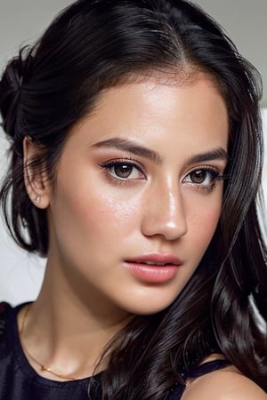 A detailed portrait of a young woman exuding elegance and natural grace. She has a voluminous updo hairstyle with wisps of hair tenderly framing her face. Her hazel eyes are accentuated by tasteful makeup, with a few light freckles across her nose and cheeks. She wears a high-necked black top, suggesting a blend of casual refinement. The lighting should illuminate her face against a subdued background, emphasizing her calm and confident expression. High Fashion, dynamic, dramatic, elegant, High fashion Vogue cover Dramatic photography, supermodel, avant garde style,Salshabilla,est4,Maudyaunda,pevit4