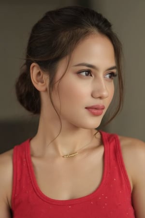 An image of a young woman with a soft, natural complexion and a low bun hairstyle, featuring loose strands of hair on the right side of her face. She poses semi-profile, facing slightly to the right, with her gaze meeting the camera. She wears a sleeveless red top with a small white dot pattern and a delicate gold necklace. The lighting is soft and natural, accentuating her thoughtful expression, against a softly blurred background.,pevit4