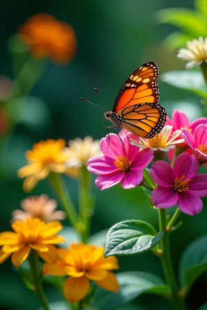 A vibrant garden scene with a butterfly delicately landing on a blooming shrub. The shrub is in full bloom with colorful flowers, surrounded by lush green foliage. The butterfly has intricate patterns on its wings, gently touching the petals. The lighting is soft and natural, with sunlight filtering through the leaves. The composition is balanced, capturing the butterfly's graceful pose and the beauty of the garden.