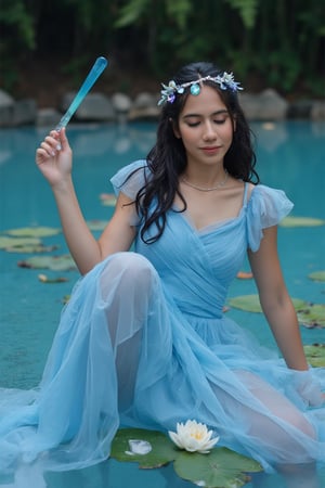 Capture a radiant  sexi portrait of a  hot teenager, deep dimples,long  curly black wavy hair

Beautiful hot sexi

_Silvermist Costume Prompt:_

"Silvermist, the gentle and serene water fairy, floats amidst a shimmering, sink crystal-clear lake, surrounded by lily pads and delicate water lilies. Her flowing blue costume ripples like the water's surface.

Costume details:

- Flowing, wet, pale blue gown with wave-inspired patterns and iridescent accents
- Silvermist's iconic water-inspired design elements: seashells, fish-scale trim, wet
- Wings: translucent, blue-tinted with intricate, ripple patterns

Accessories:

- Delicate, sink, beaded necklace resembling water droplets
- Water-lily crown or headpiece
- Glowing, aquamarine wand

Setting:

- Serene,  sink, moonlit lake with soft ripples and misty atmosphere
- Soft, blue-green lighting with subtle shadows

Props:

- Water lilies or lotus flowers
- Drifting, glowing water sparks
- Shimmering, crystalline rocks

Mood:

- Calming, sink,  sexual peaceful, and ethereal

Style:

- Dreamy, whimsical, with a touch of sexual 

Keywords:

- Halloween costume, Silvermist, blue, water fairy, lake, misty" tigth and sexi

Inspired by Disney's Tinkerbell and friends from pixie hollow