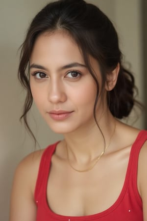 An image of a young woman with a soft, natural complexion and a low bun hairstyle, featuring loose strands of hair on the right side of her face. She poses semi-profile, facing slightly to the right, with her gaze meeting the camera. She wears a sleeveless red top with a small white dot pattern and a delicate gold necklace. The lighting is soft and natural, accentuating her thoughtful expression, against a softly blurred background.,pevit4