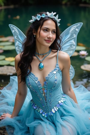 Capture a radiant  sexi portrait of a  hot teenager, deep dimples,long  curly black wavy hair

Beautiful hot sexi

_Silvermist Costume Prompt:_

"Silvermist, the gentle and serene water fairy, floats amidst a shimmering, sink crystal-clear lake, surrounded by lily pads and delicate water lilies. Her flowing blue costume ripples like the water's surface.

Costume details:

- Flowing, wet, pale blue gown with wave-inspired patterns and iridescent accents
- Silvermist's iconic water-inspired design elements: seashells, fish-scale trim, wet
- Wings: translucent, blue-tinted with intricate, ripple patterns

Accessories:

- Delicate, sink, beaded necklace resembling water droplets
- Water-lily crown or headpiece
- Glowing, aquamarine wand

Setting:

- Serene,  sink, moonlit lake with soft ripples and misty atmosphere
- Soft, blue-green lighting with subtle shadows

Props:

- Water lilies or lotus flowers
- Drifting, glowing water sparks
- Shimmering, crystalline rocks

Mood:

- Calming, sink,  sexual peaceful, and ethereal

Style:

- Dreamy, whimsical, with a touch of sexual 

Keywords:

- Halloween costume, Silvermist, blue, water fairy, lake, misty" tigth and sexi

Inspired by Disney's Tinkerbell and friends from pixie hollow