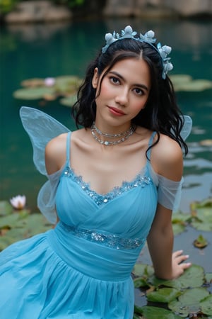 Capture a radiant  sexi portrait of a  hot teenager, deep dimples,long  curly black wavy hair

Beautiful hot sexi

_Silvermist Costume Prompt:_

"Silvermist, the gentle and serene water fairy, floats amidst a shimmering, sink crystal-clear lake, surrounded by lily pads and delicate water lilies. Her flowing blue costume ripples like the water's surface.

Costume details:

- Flowing, wet, pale blue gown with wave-inspired patterns and iridescent accents
- Silvermist's iconic water-inspired design elements: seashells, fish-scale trim, wet
- Wings: translucent, blue-tinted with intricate, ripple patterns

Accessories:

- Delicate, sink, beaded necklace resembling water droplets
- Water-lily crown or headpiece
- Glowing, aquamarine wand

Setting:

- Serene,  sink, moonlit lake with soft ripples and misty atmosphere
- Soft, blue-green lighting with subtle shadows

Props:

- Water lilies or lotus flowers
- Drifting, glowing water sparks
- Shimmering, crystalline rocks

Mood:

- Calming, sink,  sexual peaceful, and ethereal

Style:

- Dreamy, whimsical, with a touch of sexual 

Keywords:

- Halloween costume, Silvermist, blue, water fairy, lake, misty" tigth and sexi

Inspired by Disney's Tinkerbell and friends from pixie hollow