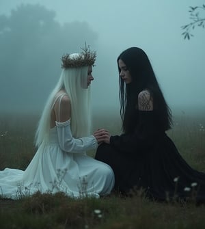 "Two ethereal figures sit in a mist-covered, shadowy meadow, surrounded by a thick fog that veils the landscape in a haunting, somber tone. One woman, with long, flowing white hair that softly shimmers, represents light. Her presence emits a faint glow through the gloom, though the light feels fragile and fleeting in the oppressive atmosphere. She wears a crown of withered, ghostly flowers, her expression serene yet melancholy. The other woman, cloaked in darkness, has long, shadowy black hair that blends into the surrounding mist. She embodies the essence of the night, with intricate, dark patterns swirling across her skin like ancient runes. Her eyes are deep, absorbing the dim light that barely pierces through the fog. They sit together, their hands almost touching, the contrast between them heightened by the eerie, quiet meadow where the air is thick with tension and mystery, as if time itself has slowed in this meeting of light and darkness."