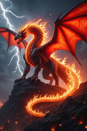 Imagine a colossal fire dragon, its scaly skin glowing with shades of red and incandescent orange. It has six muscular scorpion legs, each ending in razor-sharp claws ready to strike. At the tip of its long, serpentine tail is a lethal stinger, pulsating with poisonous energy. Its large wings spread majestically, covered in flames that crackle and dance in the air. The dragon's eyes glow like embers, emanating an aura of evil. As it opens its mouth, it reveals teeth sharp as knives, ready to devour anyone who dares to approach. The scene is set on a mountain engulfed in flames, illuminated by lightning that cuts through the dark sky, creating an atmosphere of absolute terror