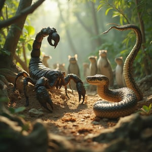 A ring in nature where an imposing scorpion and an agile snake are in combat. The scorpion, with its pincers open and tail raised, displays a defensive stance, while the snake, with shiny scales, prepares to strike. In the background, a curious audience of animals watches the scene, set in an environment filled with vibrant plants and natural light.