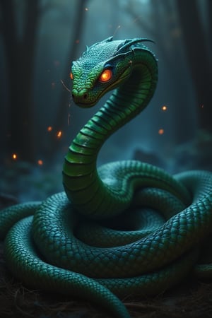 Uma serpente assustadora com patas de escorpião afiadas e ameaçadoras. A pele da serpente é coberta por escamas em cores vibrantes, como verde brilhante, azul elétrico e vermelho intenso. Seus olhos brilham com uma luz intensa e suas presas gotejam veneno. O fundo é sombrio e caótico, repleto de fumaça rodopiante e raios que rasgam a escuridão, criando uma atmosfera inquietante e selvagem