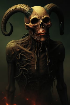 Create an image of a terrifying and sorrowful infernal monster that is a blend of an octopus, a skull, and a goat. The creature should have a gnarled, skeletal head with hollow eye sockets and a twisted mouth, reminiscent of a skull. Its body should be covered in slimy, tentacle-like appendages that resemble an octopus, with eerie patterns and colors that evoke a dark, otherworldly vibe. Additionally, incorporate goat-like horns protruding from the skull, enhancing its sinister appearance. The background should be a dark, shadowy environment, perhaps with hints of flames or smoke to emphasize its hellish nature