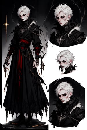  1 man, male face , short white hair, furry ear, twink body, freckles face , kawaii ,perfect light ,fantasy clothing,wrenchftmfshn,Completely_black_eyes,dark_sclera,empty eyes,black sclera , intense smile,(CharacterSheet:1),(multiple views, full body, upper body, reference sheet:1)