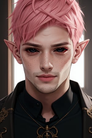  1 man, male face , short pink hair, twink body, freckles face , kawaii ,perfect light , elf ear,fantasy clothing,wrenchftmfshn,Completely_black_eyes,dark_sclera,empty eyes,black sclera , intense smile,