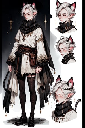  1 man, male face , short white hair, closed eyes, twink body, freckles face , kawaii ,perfect light , elf ear,stockings BREAK ,fantasy clothing,wrenchftmfshn   , wearing a big scarf,empty eyes,black sclera , cat ear,(CharacterSheet:1),(multiple views, full body, upper body, reference sheet:1)