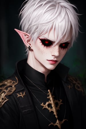  1 man, male face , short white hair, twink body, freckles face , kawaii ,perfect light , elf ear,fantasy clothing,wrenchftmfshn,Completely_black_eyes,dark_sclera,empty eyes,black sclera , intense smile